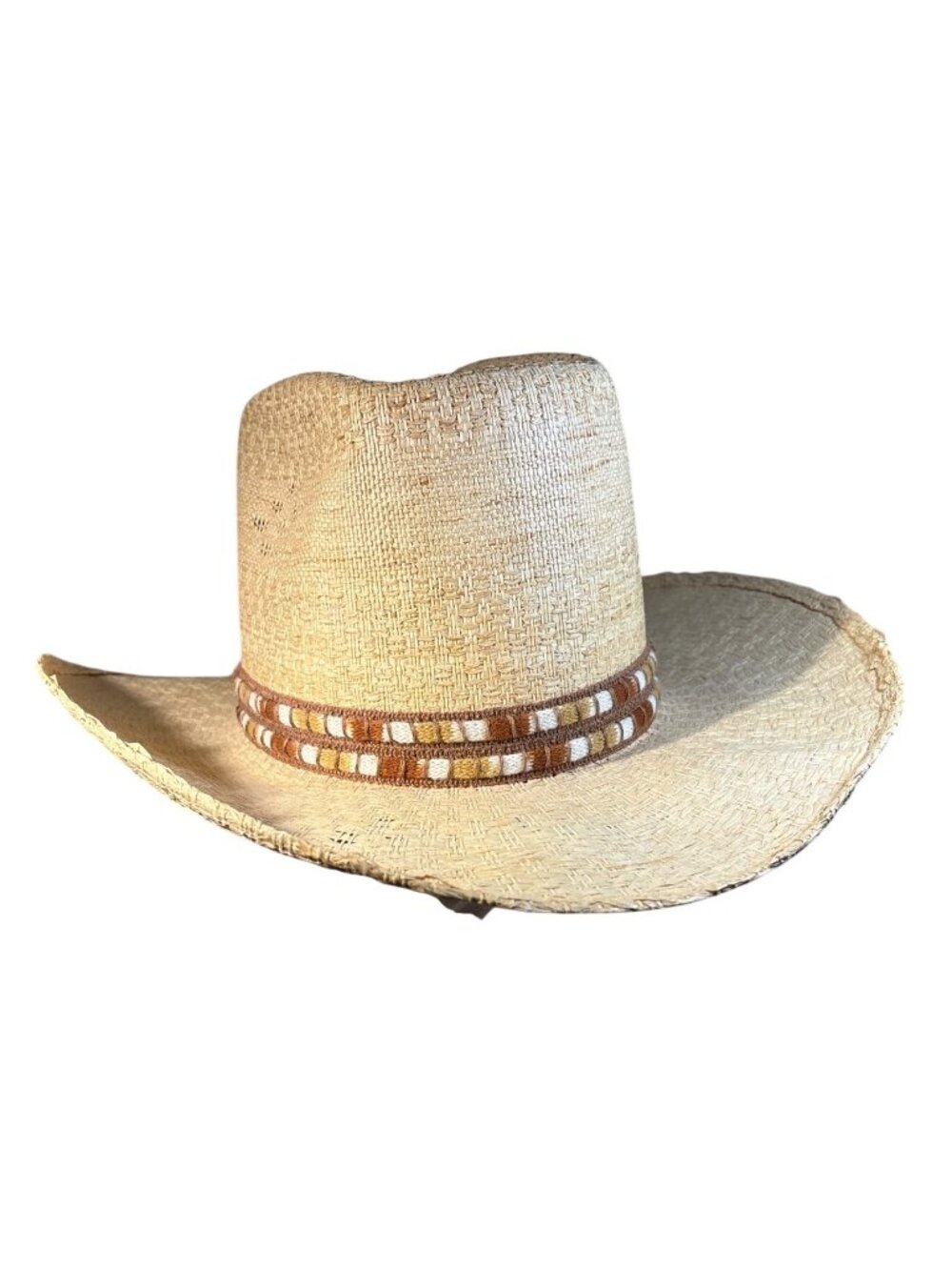 The Ridge Cowboy Hat Natural Straw Woven Brown & Cream Band Feather Accent 7 1/4